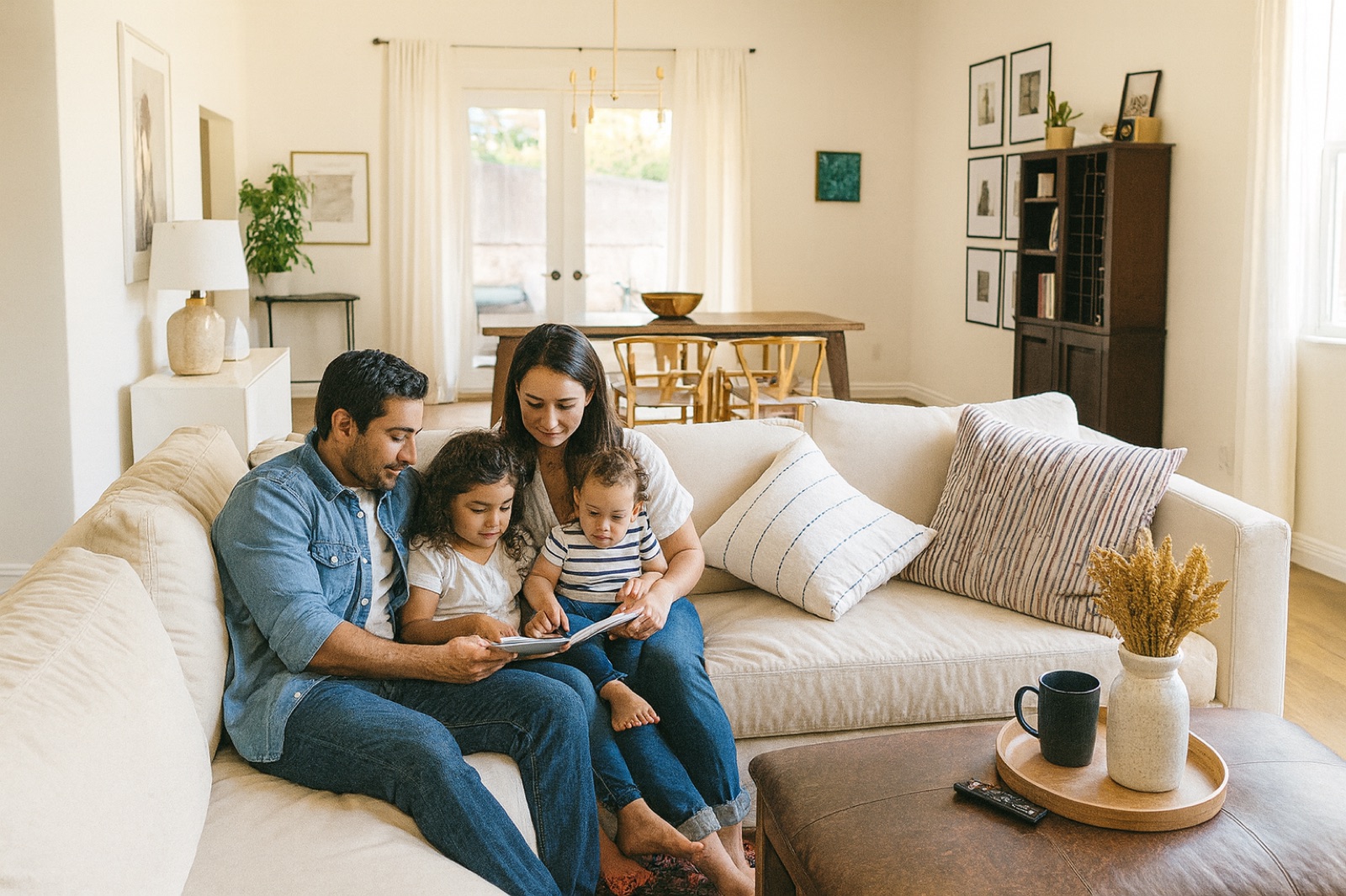 Family relaxing in a clean, organized living room